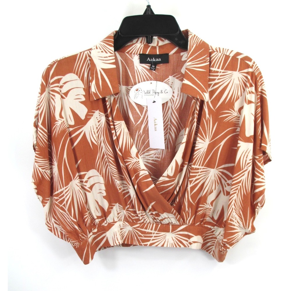 NWT Aakaa Bailey Tropical Crop Blouse Women M Brown Palm Leaf Collared Top